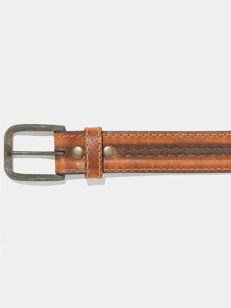 Vintage Bison VB-64063 Mens Big Timber Leather Belt Honey buckle close up. If you need any assistance with this item or the purchase of this item please call us at five six one seven four eight eight eight zero one Monday through Saturday 10:00a.m EST to 8:00 p.m EST