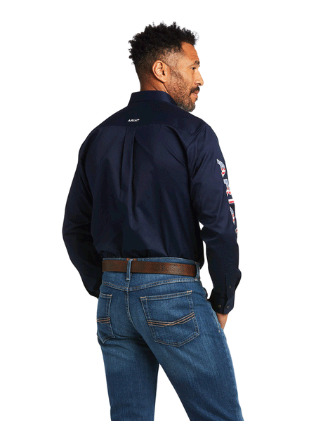 Ariat 10039438 Mens Team Logo Twill Fitted Shirt Navy Star Stripe back view. If you need any assistance with this item or the purchase of this item please call us at five six one seven four eight eight eight zero one Monday through Saturday 10:00a.m EST to 8:00 p.m EST