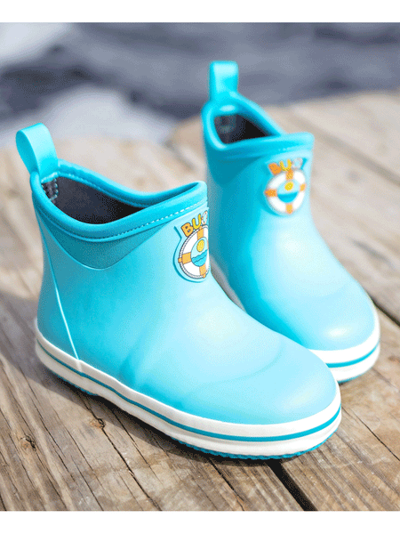 Buoy BB107 Kids Rubber Boots Turquoise side and front view. If you need any assistance with this item or the purchase of this item please call us at five six one seven four eight eight eight zero one Monday through Saturday 10:00a.m EST to 8:00 p.m EST