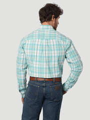 Wrangler 112314963 Mens George Strait Long Sleeve Plaid Shirt Turquoise Madras back view. If you need any assistance with this item or the purchase of this item please call us at five six one seven four eight eight eight zero one Monday through Saturday 10:00a.m EST to 8:00 p.m EST