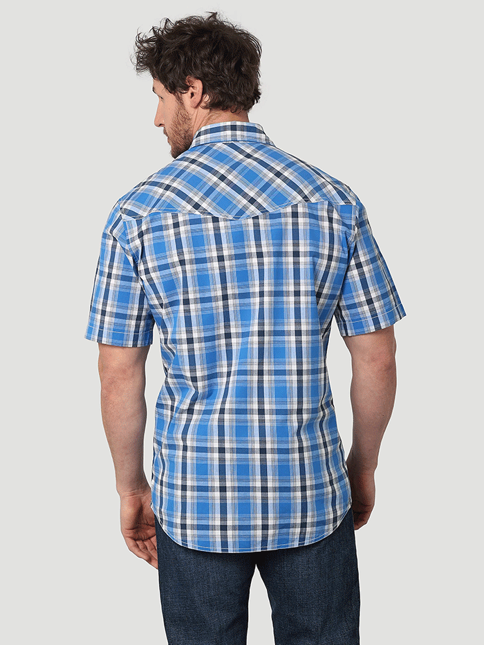 Wrangler 112314977 Mens 20X Competition Short Sleeve Plaid Shirt Blue Cloud Madras front view. If you need any assistance with this item or the purchase of this item please call us at five six one seven four eight eight eight zero one Monday through Saturday 10:00a.m EST to 8:00 p.m EST
