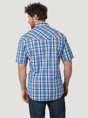 Wrangler 112314977 Mens 20X Competition Short Sleeve Plaid Shirt Blue Cloud Madras back view. If you need any assistance with this item or the purchase of this item please call us at five six one seven four eight eight eight zero one Monday through Saturday 10:00a.m EST to 8:00 p.m EST