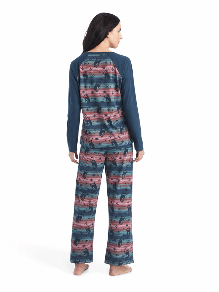 Ariat 10042606 Womens Long Sleeve Pajama Set Bucking Serape Blue front view. If you need any assistance with this item or the purchase of this item please call us at five six one seven four eight eight eight zero one Monday through Saturday 10:00a.m EST to 8:00 p.m EST