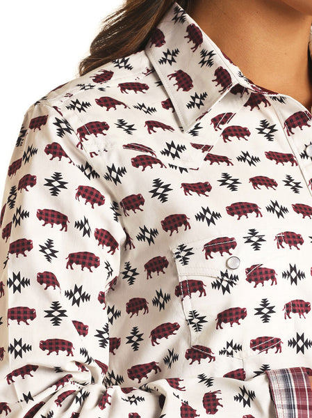 Panhandle R4S2510 Womens Long Sleeve Aztec Buffalo Print Snap Shirt Natural close up. If you need any assistance with this item or the purchase of this item please call us at five six one seven four eight eight eight zero one Monday through Saturday 10:00a.m EST to 8:00 p.m EST