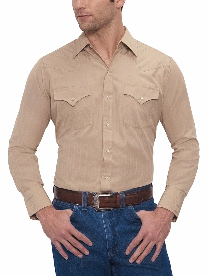 Ely Cattleman 15201934-28 Mens Long Sleeve Tone On Tone Western Shirt Khaki front view tucked in. If you need any assistance with this item or the purchase of this item please call us at five six one seven four eight eight eight zero one Monday through Saturday 10:00a.m EST to 8:00 p.m EST