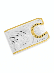 Montana Silversmiths MCL5236 Two-Tone Carved Horseshoe Money Clip Silver front view. If you need any assistance with this item or the purchase of this item please call us at five six one seven four eight eight eight zero one Monday through Saturday 10:00a.m EST to 8:00 p.m EST