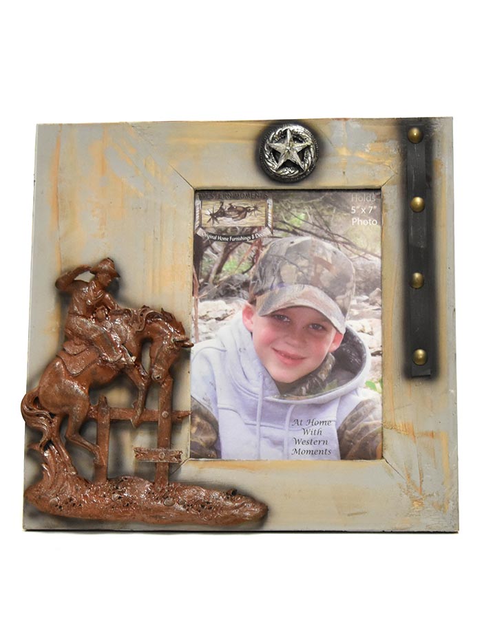 Western Moments 94364 5x7 Wooden Rodeo Photo Frame front view. If you need any assistance with this item or the purchase of this item please call us at five six one seven four eight eight eight zero one Monday through Saturday 10:00a.m EST to 8:00 p.m EST