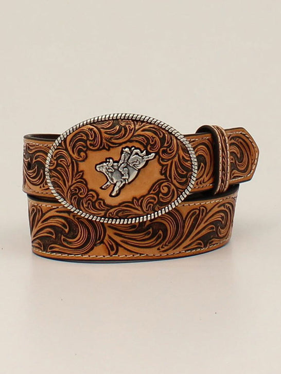 3D D120002108 Kids Floral Embossed Oval Bullrider Belt Tan front view. If you need any assistance with this item or the purchase of this item please call us at five six one seven four eight eight eight zero one Monday through Saturday 10:00a.m EST to 8:00 p.m EST