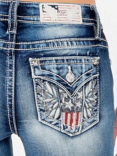 Miss Me M3849B Womens US Flag Pocket Mid-Rise Bootcut Jean Dark Blue back pocket detail. If you need any assistance with this item or the purchase of this item please call us at five six one seven four eight eight eight zero one Monday through Saturday 10:00a.m EST to 8:00 p.m EST