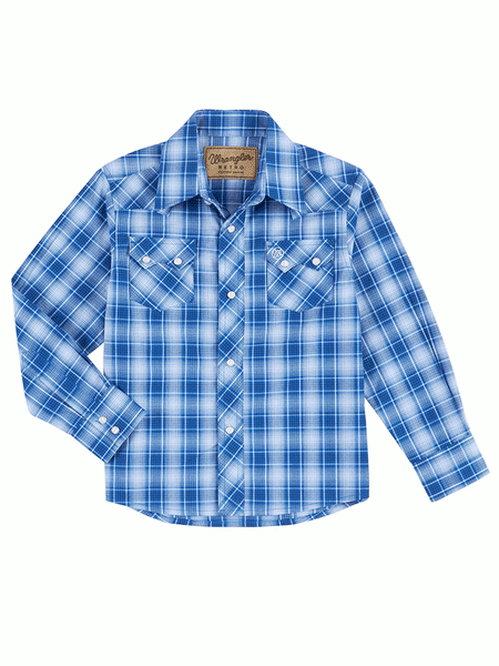 Wrangler 112314912 Kids Long Sleeve Retro Western Shirt Blue front view. If you need any assistance with this item or the purchase of this item please call us at five six one seven four eight eight eight zero one Monday through Saturday 10:00a.m EST to 8:00 p.m EST