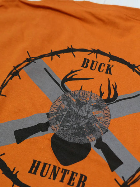 JC Western 9PC61SS-TXO Mens Buck Hunter Short Sleeve Tee Texas Orange close up graphic. If you need any assistance with this item or the purchase of this item please call us at five six one seven four eight eight eight zero one Monday through Saturday 10:00a.m EST to 8:00 p.m EST