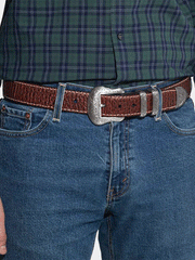 Vintage Bison VB-8223 Mens Wild Bill II Leather Belt Peanut view on model. If you need any assistance with this item or the purchase of this item please call us at five six one seven four eight eight eight zero one Monday through Saturday 10:00a.m EST to 8:00 p.m EST