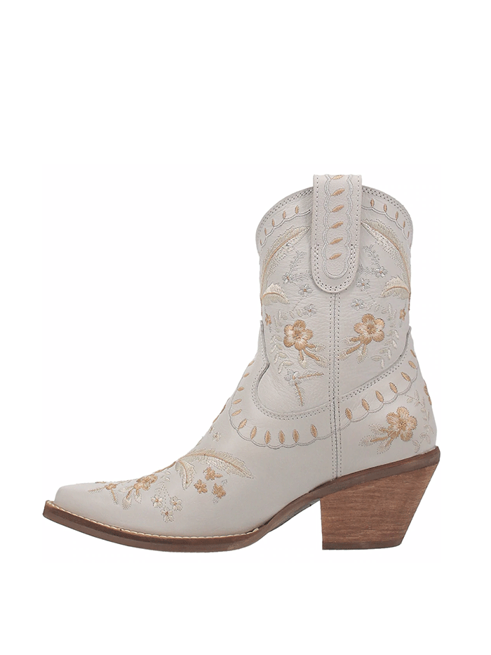 Dingo DI748-WHT Womens Primrose Ankle Western Bootie White front-side view. If you need any assistance with this item or the purchase of this item please call us at five six one seven four eight eight eight zero one Monday through Saturday 10:00a.m EST to 8:00 p.m EST