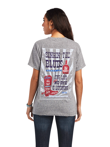 Ariat  10040511 Womens Singing the Blues Tee Charcoal Grey back view. If you need any assistance with this item or the purchase of this item please call us at five six one seven four eight eight eight zero one Monday through Saturday 10:00a.m EST to 8:00 p.m EST
