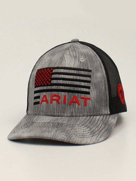 Ariat A300014206 Snapback Flag Shield Logo Cap Heathered Grey front view. If you need any assistance with this item or the purchase of this item please call us at five six one seven four eight eight eight zero one Monday through Saturday 10:00a.m EST to 8:00 p.m EST
