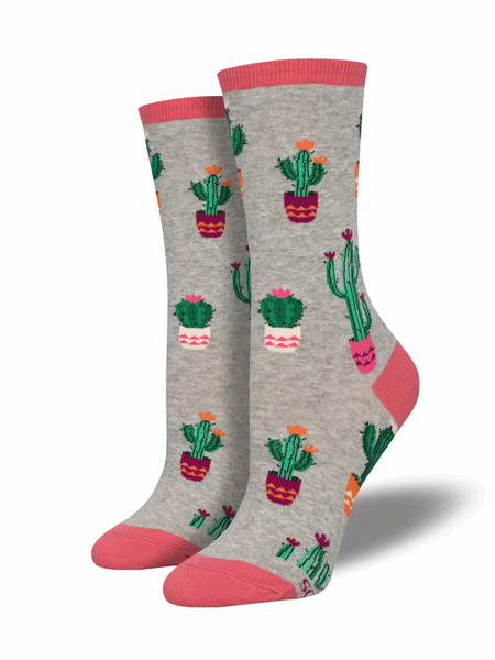 Socksmith WNC2834 Womens Court Of Cactus Crew Socks Light Gray Heather front and side view. If you need any assistance with this item or the purchase of this item please call us at five six one seven four eight eight eight zero one Monday through Saturday 10:00a.m EST to 8:00 p.m EST