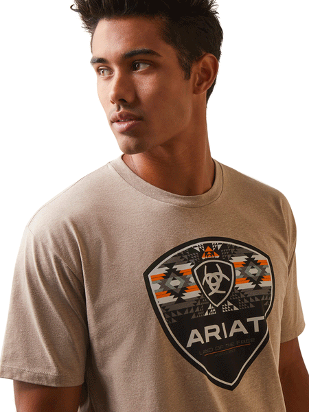 Ariat 10044769 Mens Geo Fill T-Shirt Oatmeal Heather front close up. If you need any assistance with this item or the purchase of this item please call us at five six one seven four eight eight eight zero one Monday through Saturday 10:00a.m EST to 8:00 p.m EST
