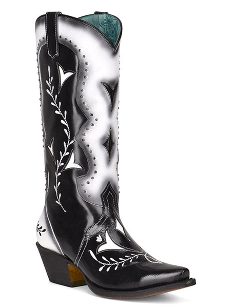Corral Z0132 Ladies Embroidery Cutouts And Studs Western Boot Black front and side view. If you need any assistance with this item or the purchase of this item please call us at five six one seven four eight eight eight zero one Monday through Saturday 10:00a.m EST to 8:00 p.m EST