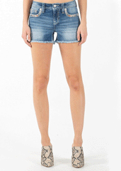 Miss Me M3894H Womens Mid-Rise Short Dark Blue front view. If you need any assistance with this item or the purchase of this item please call us at five six one seven four eight eight eight zero one Monday through Saturday 10:00a.m EST to 8:00 p.m EST