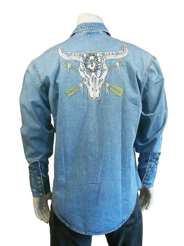 Rockmount 6703-DEN Mens Vintage Denim Steer Skull & Arrow Embroidered Shirt Light Blue front view. If you need any assistance with this item or the purchase of this item please call us at five six one seven four eight eight eight zero one Monday through Saturday 10:00a.m EST to 8:00 p.m EST

