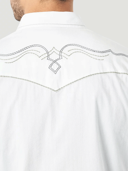 Wrangler 10MRC427W Mens Rock 47 Long Sleeve Embroidered Yoke Solid Western Snap Shirt White back detail. If you need any assistance with this item or the purchase of this item please call us at five six one seven four eight eight eight zero one Monday through Saturday 10:00a.m EST to 8:00 p.m EST