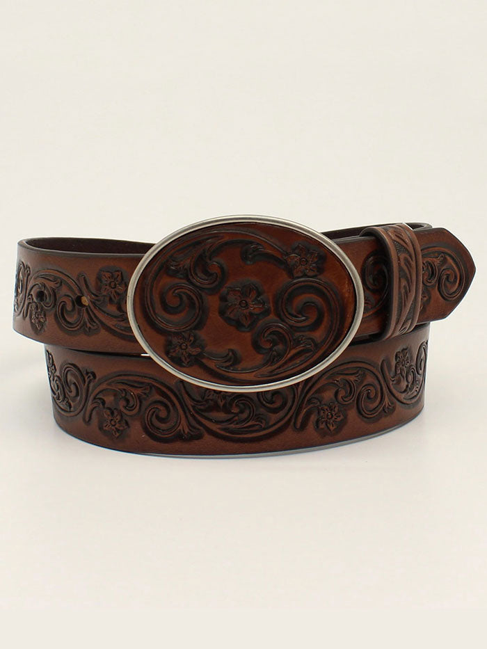 Ariat A1533302 Womens Flower Tooled Strap And Buckle Western Belt Brown front view. If you need any assistance with this item or the purchase of this item please call us at five six one seven four eight eight eight zero one Monday through Saturday 10:00a.m EST to 8:00 p.m EST