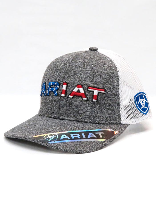 Ariat A300009406 Mens Flag Embroidery Trucker Mesh Back Cap 2-Tone Stars and Stripes. If you need any assistance with this item or the purchase of this item please call us at five six one seven four eight eight eight zero one Monday through Saturday 10:00a.m EST to 8:00 p.m EST