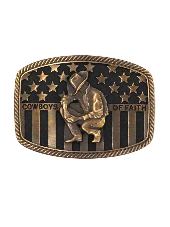 Montana Silversmiths A706C Cowboys of Faith Flag Buckle Brass front view. If you need any assistance with this item or the purchase of this item please call us at five six one seven four eight eight eight zero one Monday through Saturday 10:00a.m EST to 8:00 p.m EST