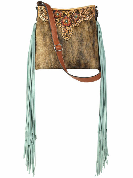 Ariat A770005608 Womens Calf Hair Tooled Crossbody Purse Tan fringe alternate front view. If you need any assistance with this item or the purchase of this item please call us at five six one seven four eight eight eight zero one Monday through Saturday 10:00a.m EST to 8:00 p.m EST