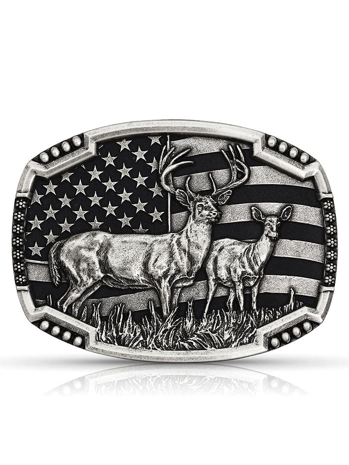 Montana Silversmiths A785S Matched Pair Deer USA Flag Attitude Buckle Silver Front view. If you need any assistance with this item or the purchase of this item please call us at five six one seven four eight eight eight zero one Monday through Saturday 10:00a.m EST to 8:00 p.m EST