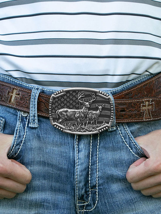 Montana Silversmiths A785S Matched Pair Deer USA Flag Attitude Buckle Silver on model. If you need any assistance with this item or the purchase of this item please call us at five six one seven four eight eight eight zero one Monday through Saturday 10:00a.m EST to 8:00 p.m EST