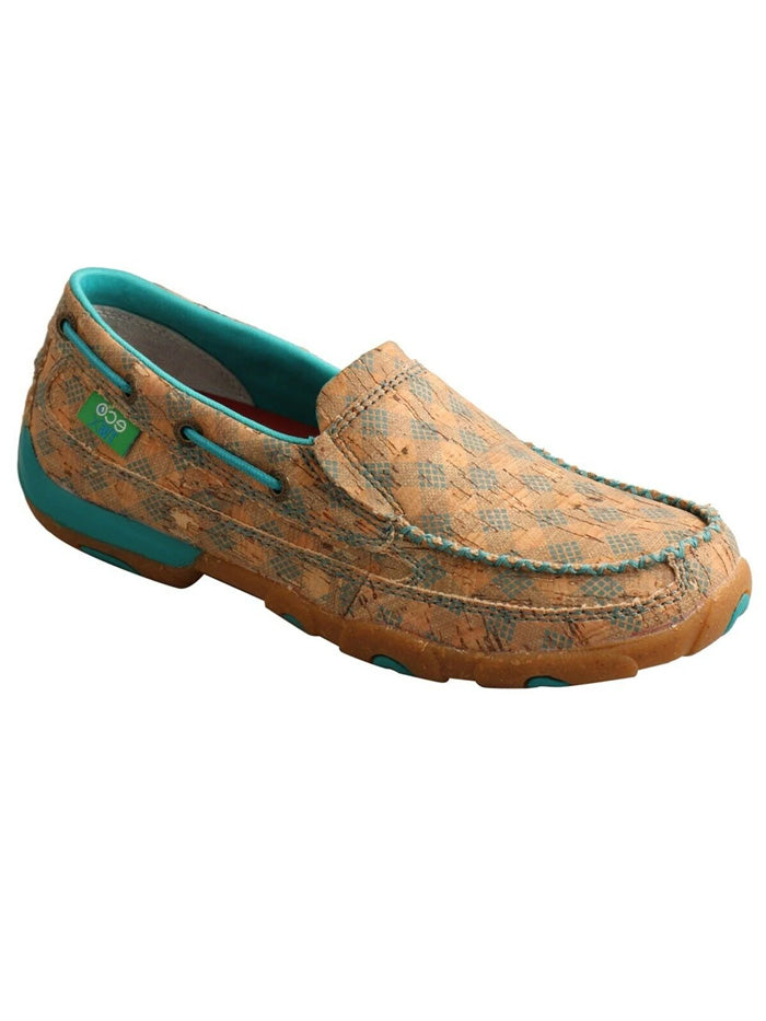 Twisted X WDMS022 Women Slip On Driving Moccasin Tan and Turquoise Side view. If you need any assistance with this item or the purchase of this item please call us at five six one seven four eight eight eight zero one Monday through Saturday 10:00a.m EST to 8:00 p.m EST
