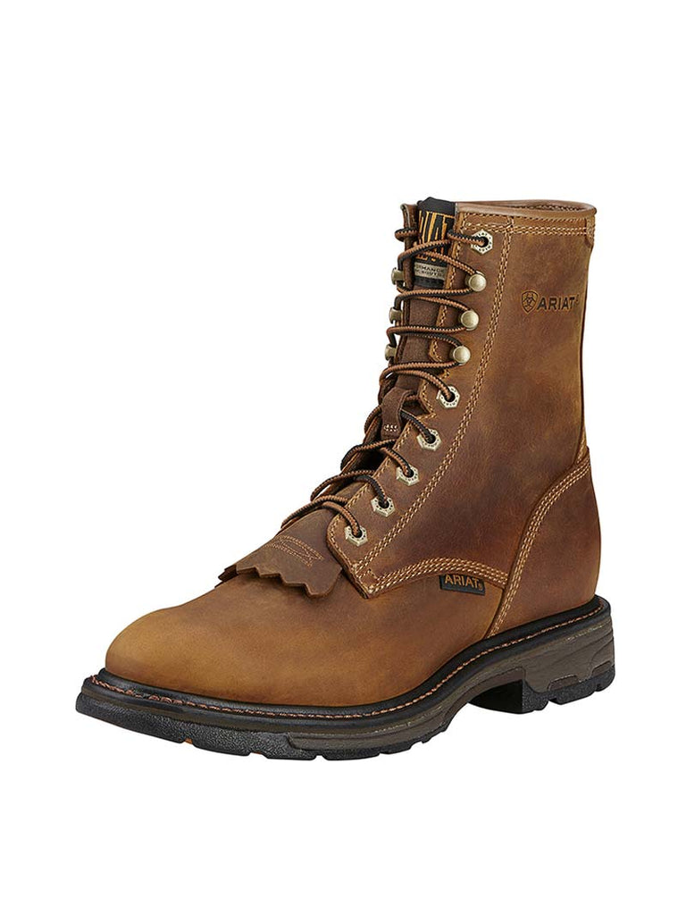 Ariat 10016266 Mens Workhog 8in Lace Up Work Boot Aged Bark side and front view. If you need any assistance with this item or the purchase of this item please call us at five six one seven four eight eight eight zero one Monday through Saturday 10:00a.m EST to 8:00 p.m EST