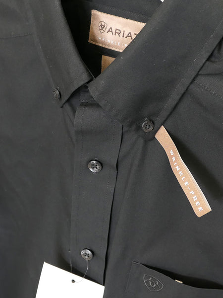 Ariat 10020328 Mens Wrinkle Free Solid Shirt Black collar close up. If you need any assistance with this item or the purchase of this item please call us at five six one seven four eight eight eight zero one Monday through Saturday 10:00a.m EST to 8:00 p.m EST