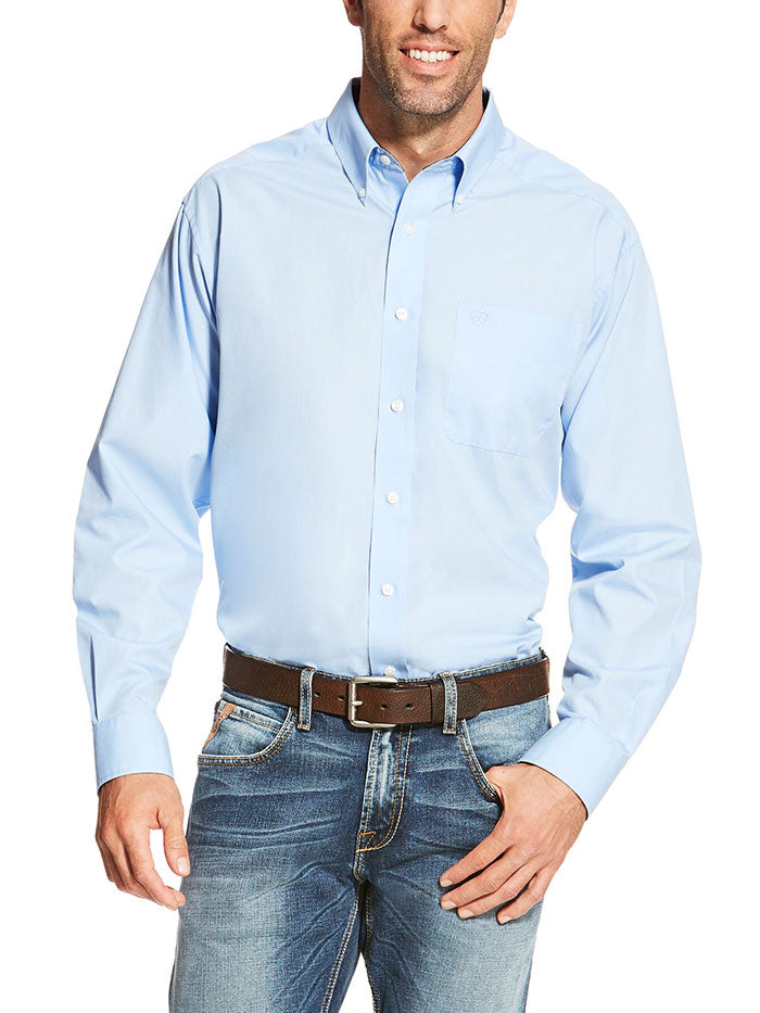 Ariat 10020329 Mens Wrinkle Free Solid Shirt Light Blue front view. If you need any assistance with this item or the purchase of this item please call us at five six one seven four eight eight eight zero one Monday through Saturday 10:00a.m EST to 8:00 p.m EST