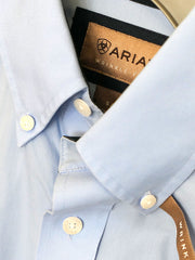 Ariat 10020329 Mens Wrinkle Free Solid Shirt Light Blue collar close up. If you need any assistance with this item or the purchase of this item please call us at five six one seven four eight eight eight zero one Monday through Saturday 10:00a.m EST to 8:00 p.m EST