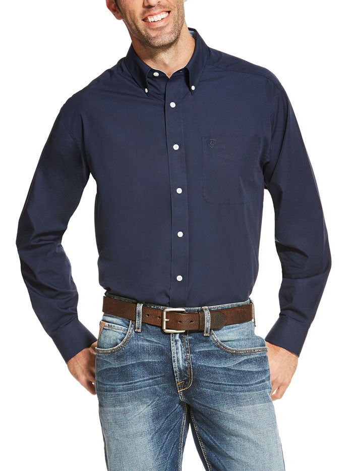 Ariat 10020330 Mens WrinklAriat 10020330 Mens Wrinkle Free Solid Shirt Navy Blue front view. If you need any assistance with this item or the purchase of this item please call us at five six one seven four eight eight eight zero one Monday through Saturday 10:00a.m EST to 8:00 p.m EST
