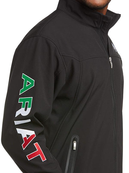 Ariat 10031424 Mens New Team Softshell Mexico Wtr Rstnt Jkt Black arm view. If you need any assistance with this item or the purchase of this item please call us at five six one seven four eight eight eight zero one Monday through Saturday 10:00a.m EST to 8:00 p.m EST