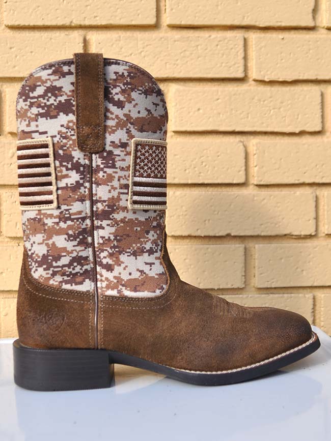 Ariat 10019959 Mens Sport Patriot Boot Antique Mocha Sand Camo front and side view. If you need any assistance with this item or the purchase of this item please call us at five six one seven four eight eight eight zero one Monday through Saturday 10:00a.m EST to 8:00 p.m EST
