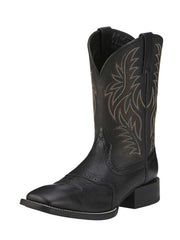 Ariat 10016292 Mens Sport Wide Square Toe Western Boot Black front and side view. If you need any assistance with this item or the purchase of this item please call us at five six one seven four eight eight eight zero one Monday through Saturday 10:00a.m EST to 8:00 p.m EST