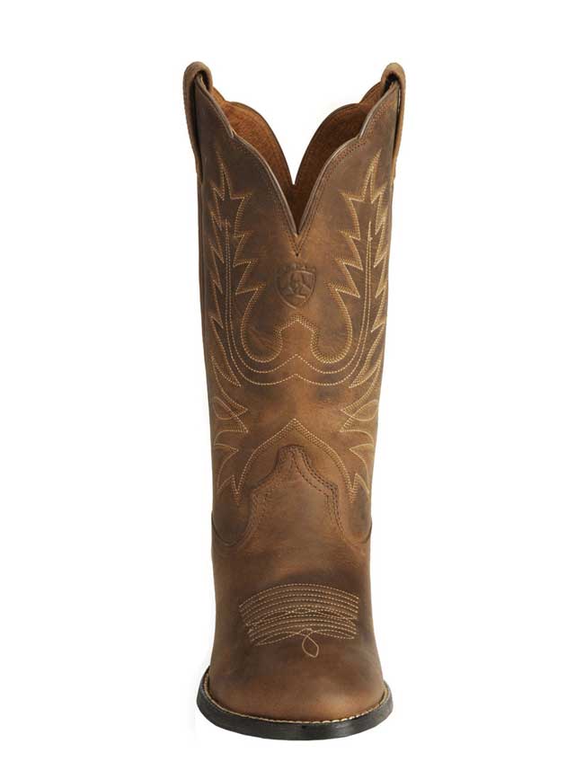 Ariat 10001021 Womens Heritage Western R Toe Boot  Distressed Brown front side view  If you need any assistance with this item or the purchase of this item please call us at five six one seven four eight eight eight zero one Monday through Satuday 10:00 a.m. EST to 8:00 p.m. EST