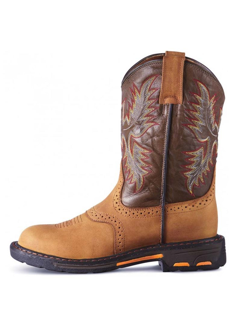 Ariat 10007836 Kids Workhog Western Work Boots Aged Bark front and side view. If you need any assistance with this item or the purchase of this item please call us at five six one seven four eight eight eight zero one Monday through Saturday 10:00a.m EST to 8:00 p.m EST