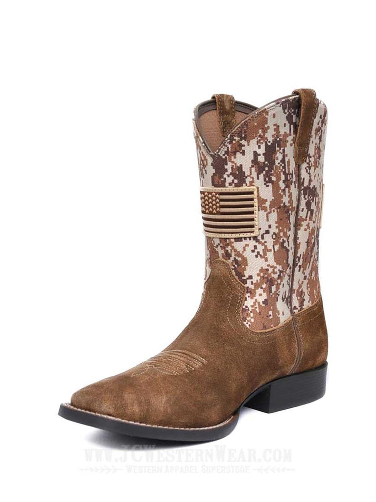 Ariat 10019913 Kids Sport Patriot Camo Boot Antique Mocha Sand front and side view. If you need any assistance with this item or the purchase of this item please call us at five six one seven four eight eight eight zero one Monday through Saturday 10:00a.m EST to 8:00 p.m EST