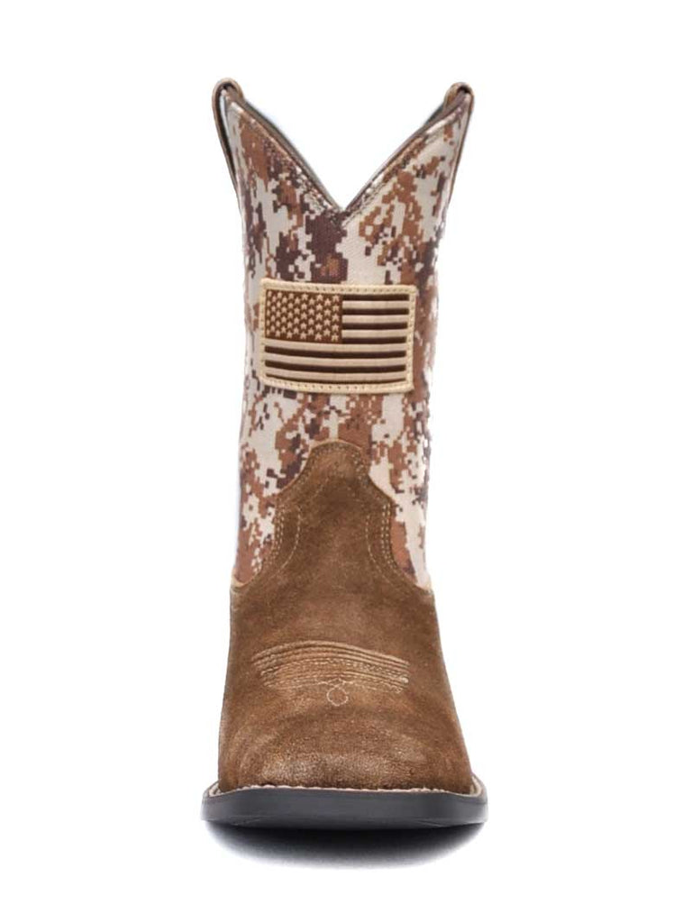 Ariat 10019913 Kids Sport Patriot Camo Boot Antique Mocha Sand front and side view. If you need any assistance with this item or the purchase of this item please call us at five six one seven four eight eight eight zero one Monday through Saturday 10:00a.m EST to 8:00 p.m EST