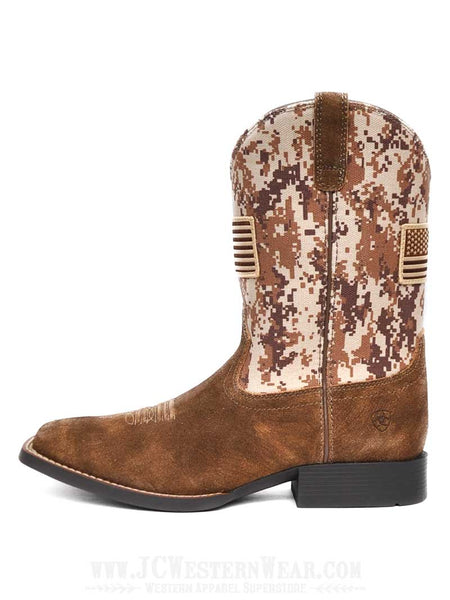 Ariat 10019913 Kids Sport Patriot Camo Boot Antique Mocha Sand side view. If you need any assistance with this item or the purchase of this item please call us at five six one seven four eight eight eight zero one Monday through Saturday 10:00a.m EST to 8:00 p.m EST