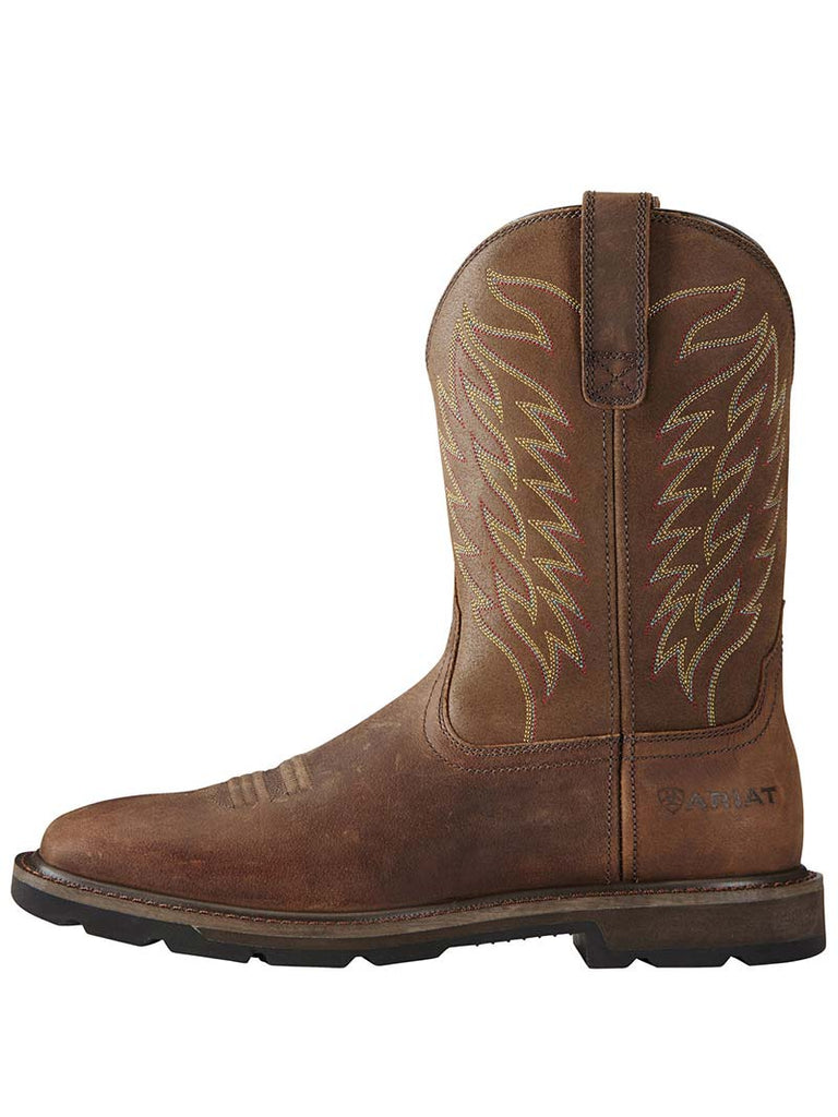 Ariat 10020059 Mens Groundbreaker Wide Square Toe Western Work Boots Brown side and front view. If you need any assistance with this item or the purchase of this item please call us at five six one seven four eight eight eight zero one Monday through Saturday 10:00a.m EST to 8:00 p.m EST