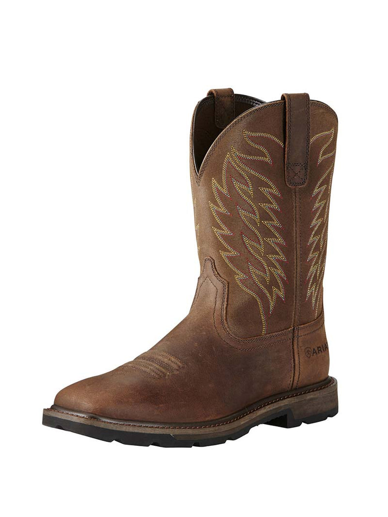 Ariat 10020059 Mens Groundbreaker Wide Square Toe Western Work Boots Brown side and front view. If you need any assistance with this item or the purchase of this item please call us at five six one seven four eight eight eight zero one Monday through Saturday 10:00a.m EST to 8:00 p.m EST