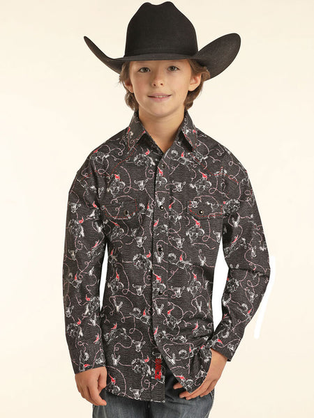 Panhandle B8S1318 Kids Long Sleeve Riders Conversational Print Snap Shirt Black