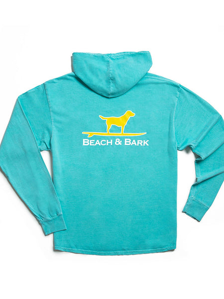 Beach and Barn BARK-CARIBBEAN Mens Surfing Dog Hooded Tee Caribbean back view. If you need any assistance with this item or the purchase of this item please call us at five six one seven four eight eight eight zero one Monday through Saturday 10:00a.m EST to 8:00 p.m EST