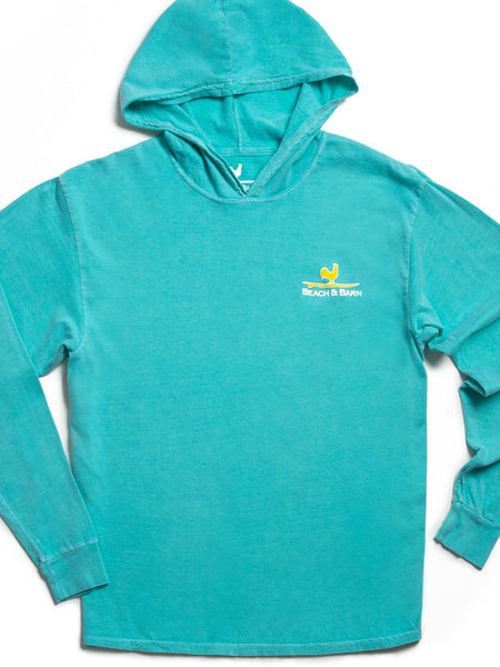 Beach and Barn BARK-CARIBBEAN Mens Surfing Dog Hooded Tee Caribbean front view. If you need any assistance with this item or the purchase of this item please call us at five six one seven four eight eight eight zero one Monday through Saturday 10:00a.m EST to 8:00 p.m EST